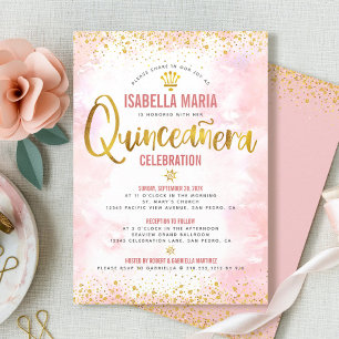 Invitación Quinceañera Rosa Desmayado Acuarela Hoja de Oro Fe