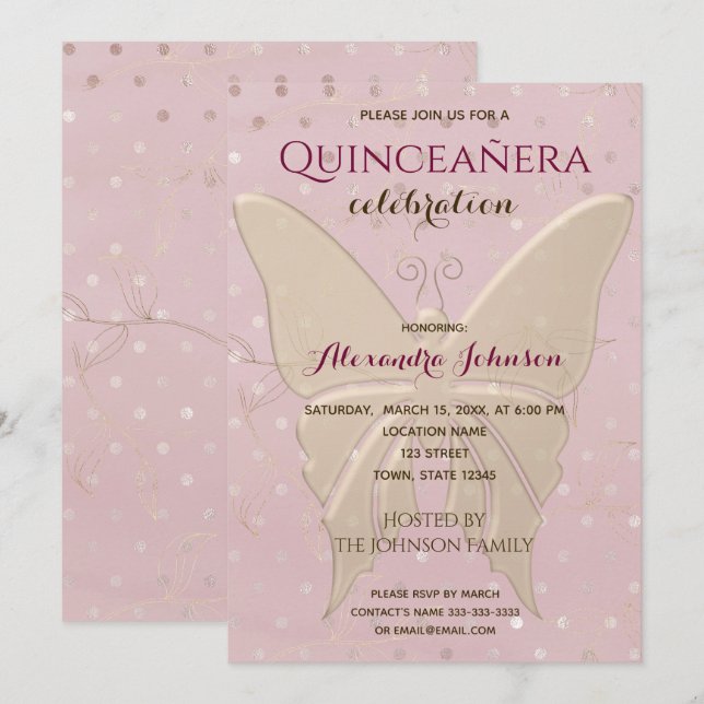 Invitación Quinceañera Rosa Dorado Cumpleaños 15 (Anverso / Reverso)