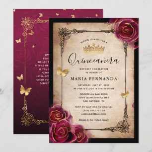 Invitación Quinceanera Rosa elegante de oro de ciruela borgoñ