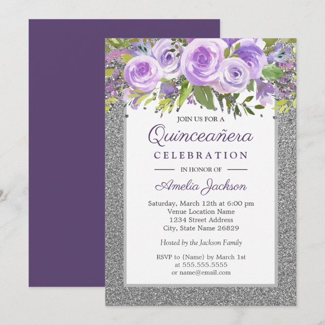 Invitación Quinceanera Rosa floral de plata morada (Anverso / Reverso)