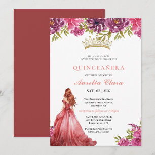 Invitación Quinceañera Rosa Floral Mariposa Tiara
