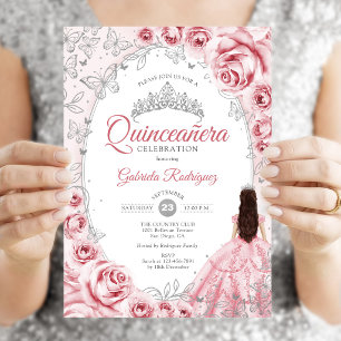 Invitación Quinceañera Rosa Floral Plateada