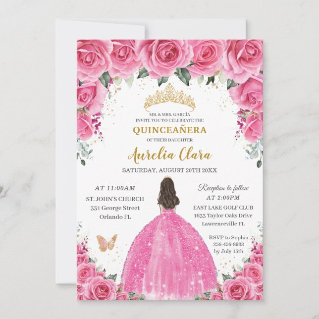 Invitación Quinceañera rosa Fuchsia floral Princesa Mariposa (Anverso)
