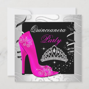 Invitación Quinceañera Rosa Fucsia Diamante Negro Blanco Fies