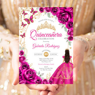Invitación Quinceañera Rosa Fucsia Dorado Floral