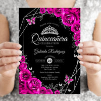 Quinceañera Rosa Fucsia Negro Floral Plata