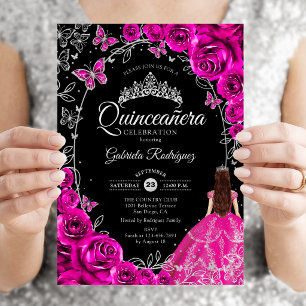 Invitación Quinceañera Rosa Fucsia Plateado Negro