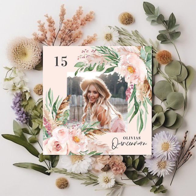 Invitación Quinceañera rosa giratoria foto pampas elegante (Subido por el creador)