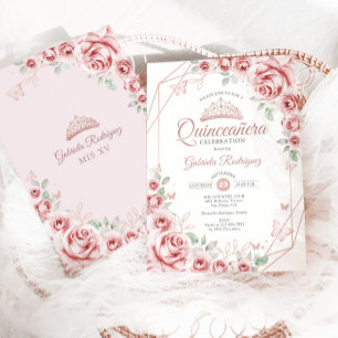 Invitación Quinceanera Rosa Gold Floral rosa