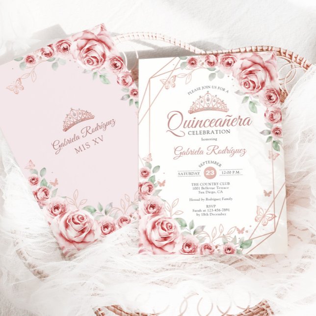 Invitación Quinceanera Rosa Gold Floral rosa (Subido por el creador)