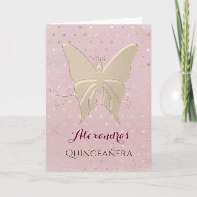 Invitación Quinceañera Rosa Mariposa de Oro Foto (Anverso)