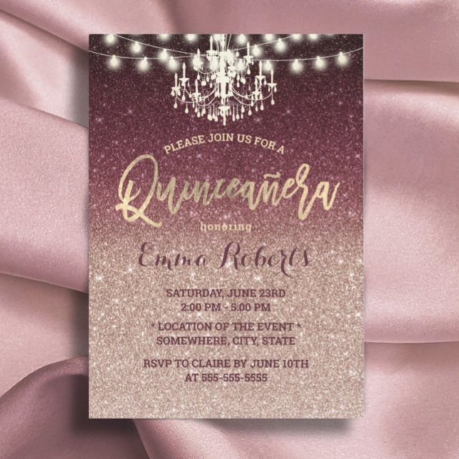 Invitación Quinceanera Rosa moderno oro y Purpurina de Borgoñ (Subido por el creador)