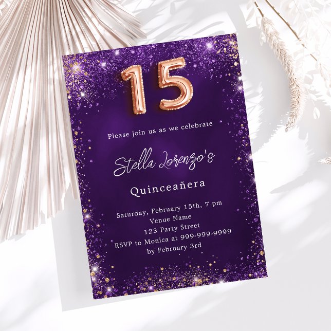 Invitación Quinceanera rosa morado chispas doradas (Subido por el creador)