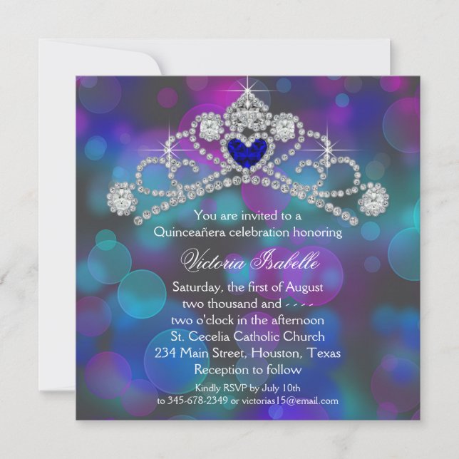 Invitación Quinceanera rosa morado y azul Verde azulado (Anverso)
