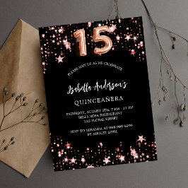 Invitación Quinceañera rosa negra estrellas de lujo oro