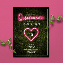 Invitación Quinceañera Rosa Neon Luces Boxwood Heart