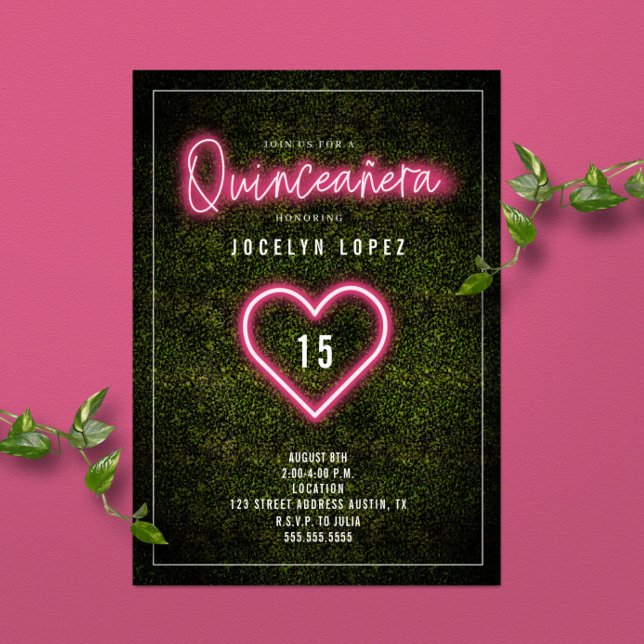 Invitación Quinceañera Rosa Neon Luces Boxwood Heart (Subido por el creador)