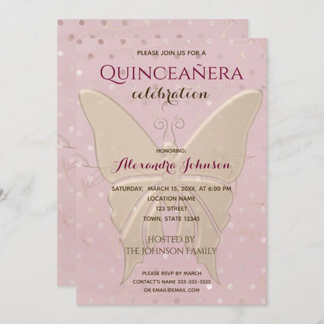 Invitación Quinceanera Rosa Oro 15 cumpleaños (Anverso / Reverso)