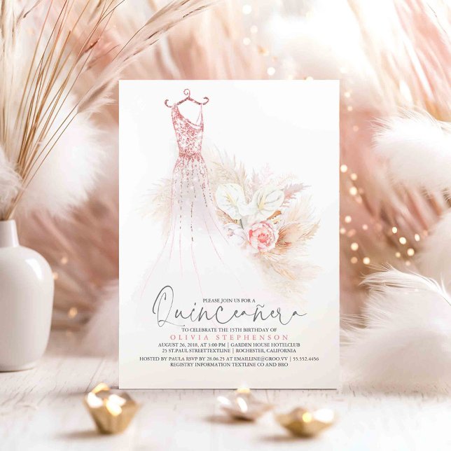 Invitación Quinceañera Rosa Oro Pampas Grass 15º cumpleaños (Pink Gold Glitter Dress Quinceanera 15th Birthday Invitations)