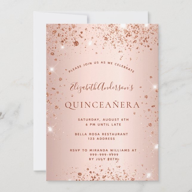 Invitación Quinceanera rosa oro purpurina brillo (Anverso)