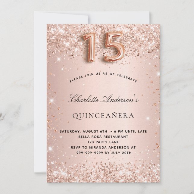 Invitación Quinceanera rosa oro rubor purpurina de polvo lujo (Anverso)