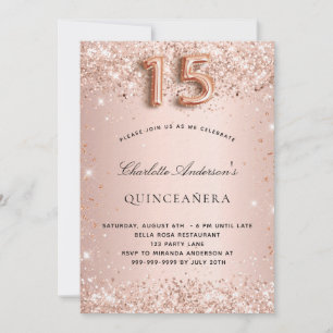 Invitación Quinceanera rosa oro rubor purpurina de polvo lujo