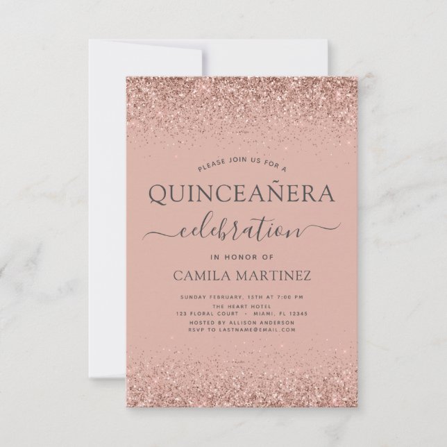 Invitación Quinceanera Rosa Oro Rubor Purpurina rosa Sparkle (Anverso)