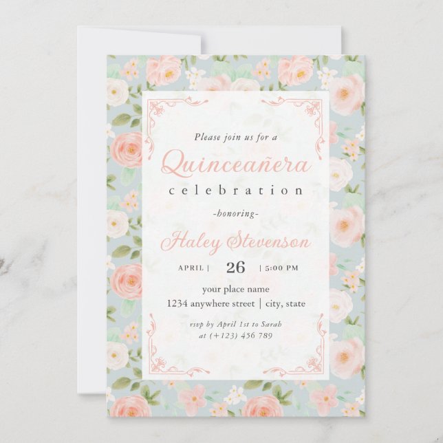 Invitación Quinceañera Rosa Pastel Femenina Elegante Chic Flo (Anverso)