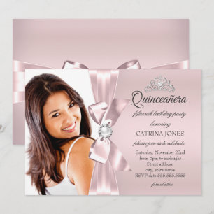 Invitación Quinceañera Rosa Plata Diamante Arco Perla Tiara