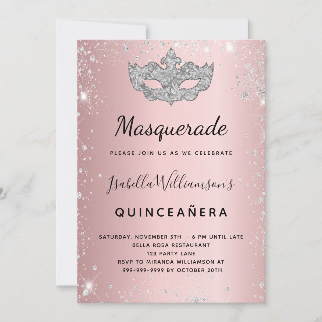 Invitación Quinceanera rosa plateado de mascarada (Anverso)