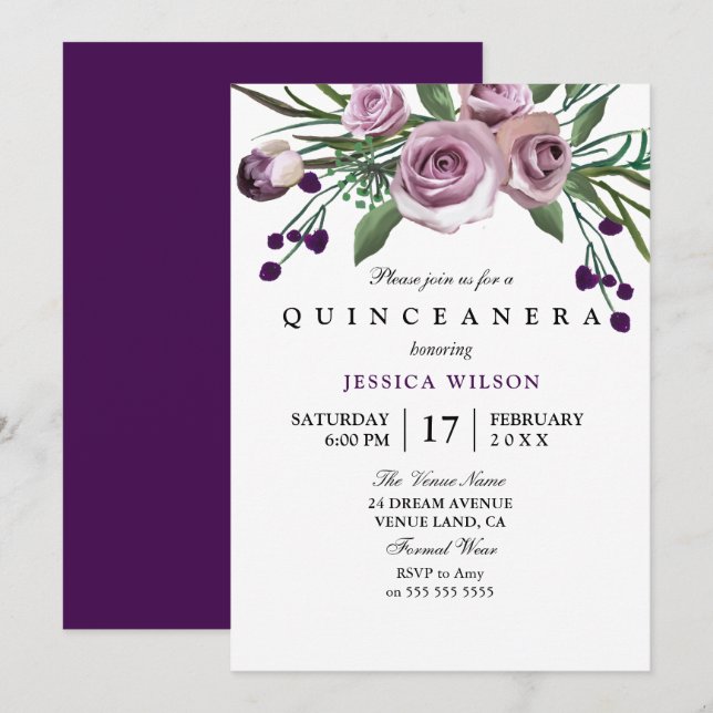 Invitación Quinceanera Rosa púrpura (Anverso / Reverso)