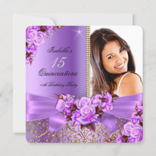 Invitación Quinceañera Rosa Purpura Dorado Cumpleaños 15
