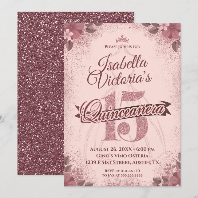 Invitación Quinceanera Rosa Purpurina de oro (Anverso / Reverso)