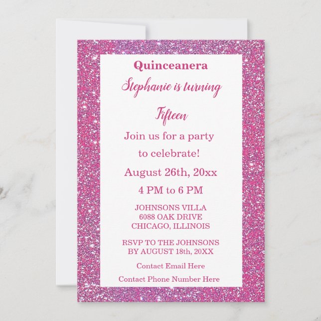 Invitación Quinceanera Rosa Purpurina de Oro 15º cumpleaños (Anverso)