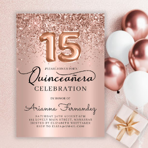 Invitación Quinceañera Rosa Purpurina de Oro 15º cumpleaños