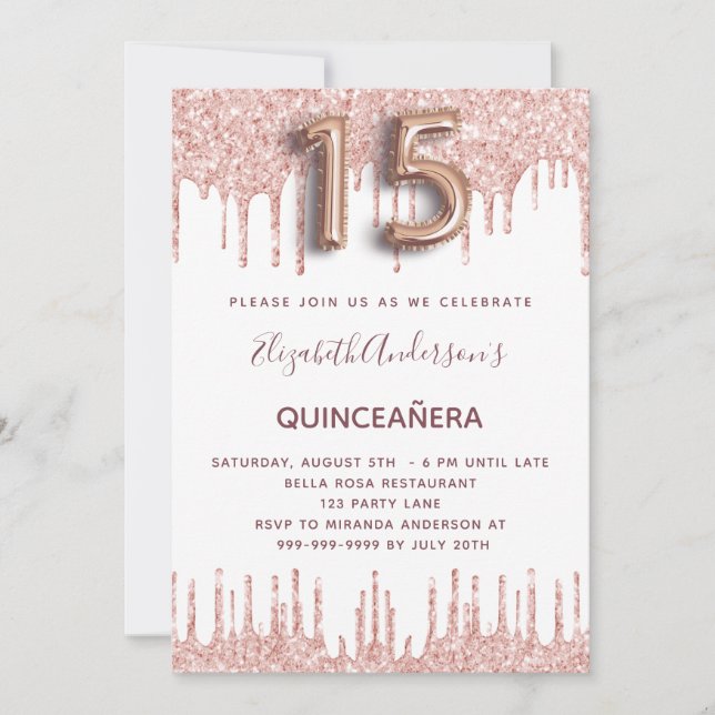 Invitación Quinceanera rosa purpurina oro gotea rosa (Anverso)