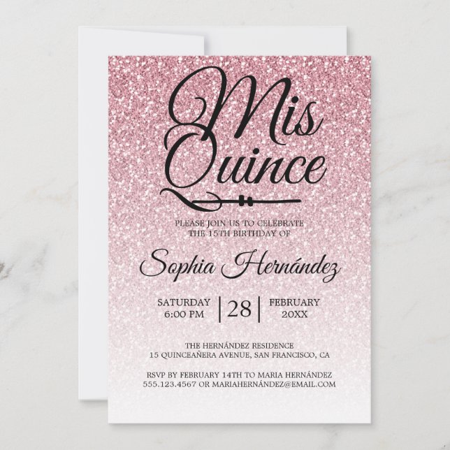 Invitación Quinceañera Rosa Purpurina Rosa 15 cumpleaños (Anverso)