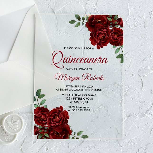 Invitación Quinceañera Rosa Roja Borgoña Romántica (Subido por el creador)