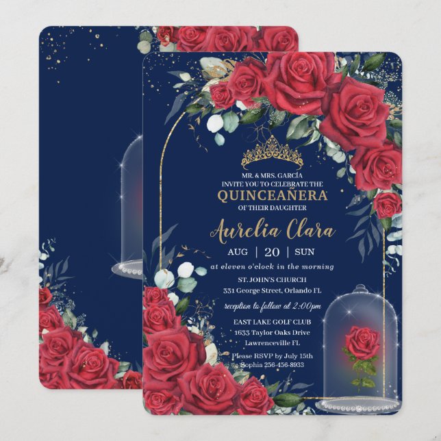 Invitación Quinceañera Rosa Roja Encantada Floral Azul Marino (Anverso / Reverso)