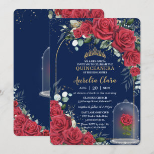 Invitación Quinceañera Rosa Roja Encantada Floral Azul Marino