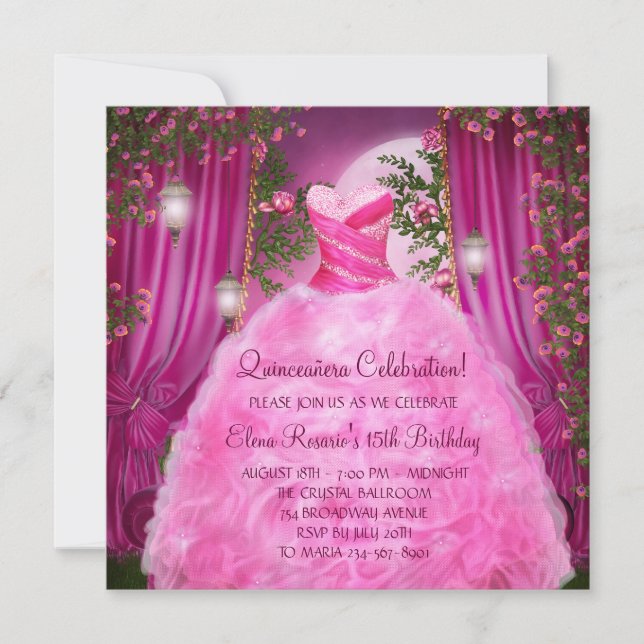 Invitación Quinceanera Rosa rosa caliente (Anverso)