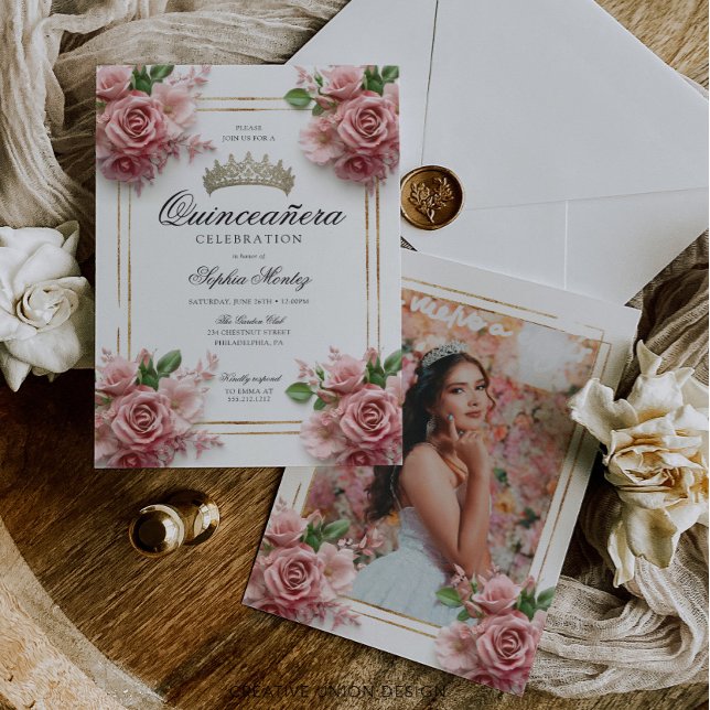 Invitación Quinceañera Rosa Rosa Dorado Marco 15 cumpleaños (Subido por el creador)