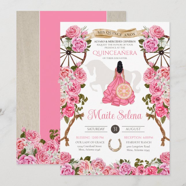 Invitación Quinceanera rosa Rosa elegante Charra Occidental (Anverso / Reverso)