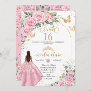 Invitación Quinceañera Rosa Rosa Floral Tan Brown Chica Oro