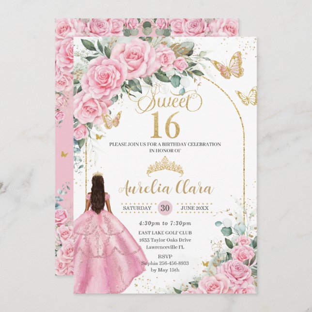 Invitación Quinceañera Rosa Rosa Floral Tan Brown Chica Oro (Anverso / Reverso)