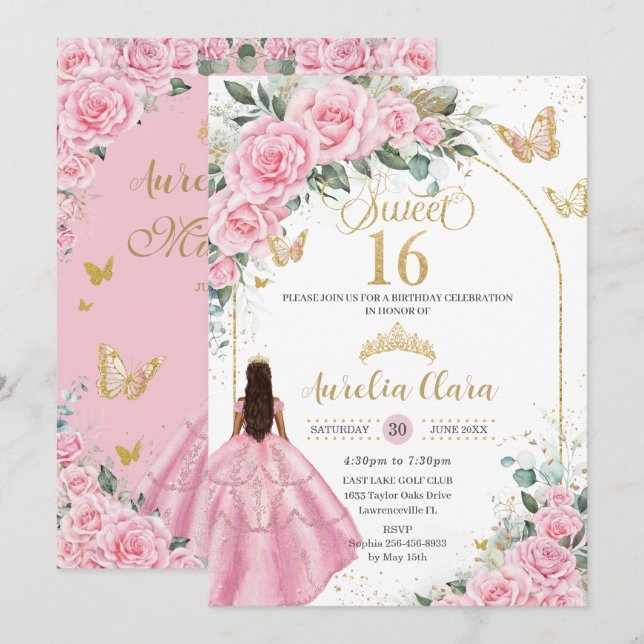Invitación Quinceañera Rosa Rosa Floral Tan Brown Chica Oro (Anverso / Reverso)