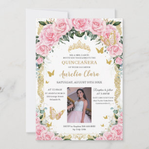 Invitación Quinceanera Rosa Rosa Floral Vintage Gold Foto