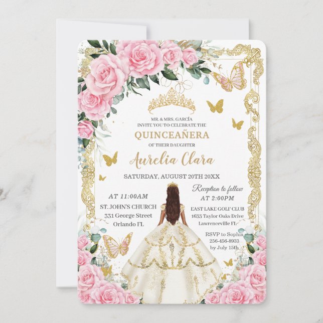 Invitación Quinceañera Rosa Rosa Rosa Floral Blanco Vestido P (Anverso)