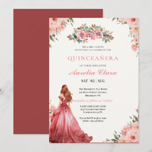 Invitación Quinceañera Rosa Rosada Floral Mariposa Tiara
