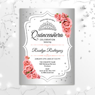 Invitación Quinceanera - Rosa Rubor blanco plateado